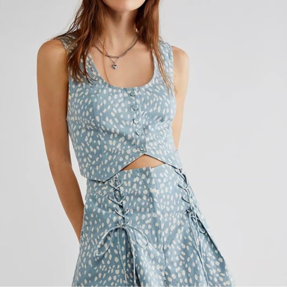 Free People Bennett  Blue Printed Crop Top and Short Set
